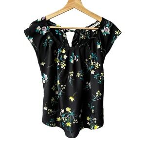 Lauren Conrad Blouse Top Black Floral Cap Sleeve Pleated Tie Back Blouse Small